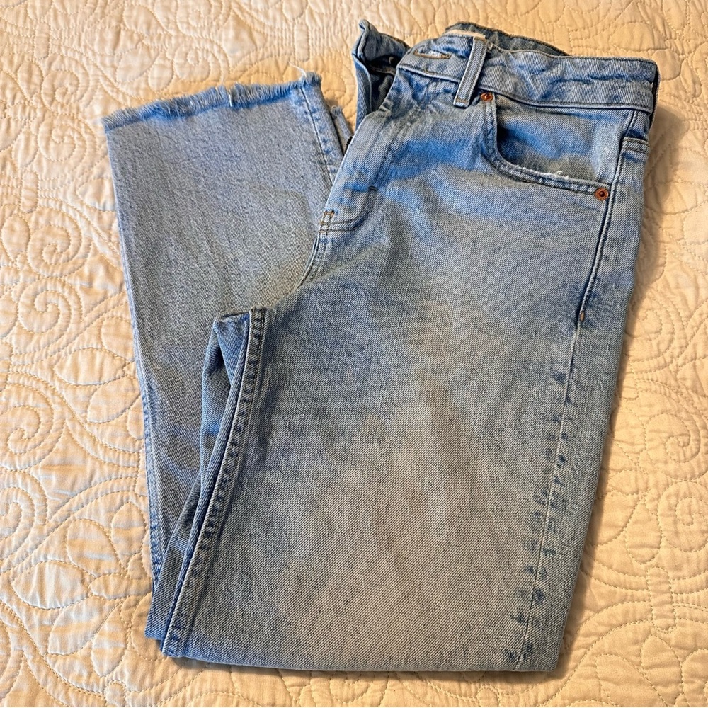 Top Shop Womens Straight Jeans Sz 28 Cropped Frayed Hem